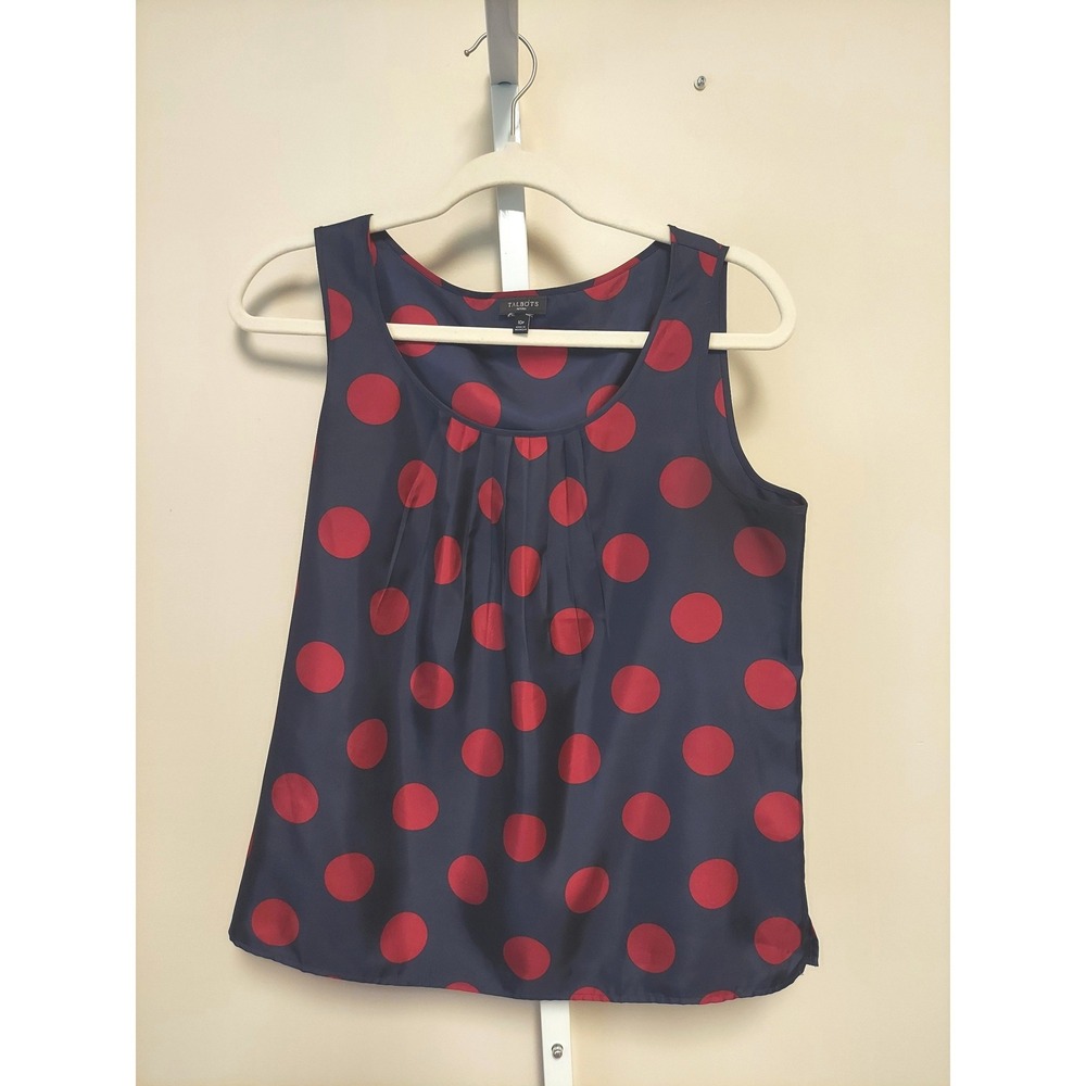 Talbots Petites Navy Blue Red Polka Dot Pleated Neck Sleeveless Shell Top 10P